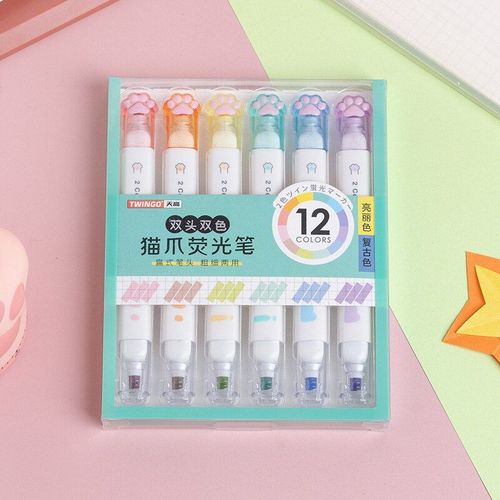 Lot De 6 Stylos Fluorescents À Double Tête En Forme De Griffes De Chat, 12 Surligneurs De Couleurs, Marqueurs Artistiques, Stylo Fluorescent, Papeterie Fournitures Scolaires Mignonnes, Kawaii