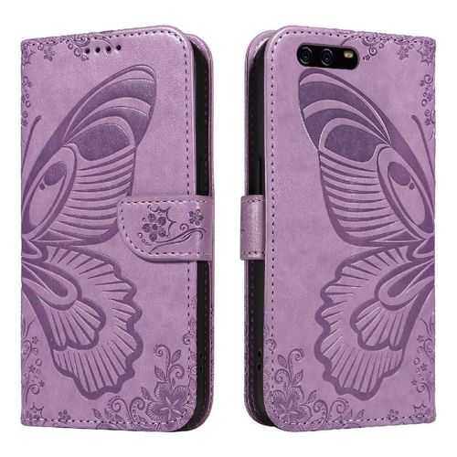 Flip Étui Pour Huawei P10 Papillon En Relief Avec Fente Pour Carte De Crédit Cuir De Haute Qualité Sangle De Main Détachable - Violet