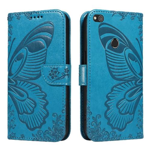 Flip Étui Pour Honor 8 Lite Sangle De Main Détachable Papillon En Relief Avec Fente Pour Carte De Crédit Cuir De Haute Qualité - Bleu