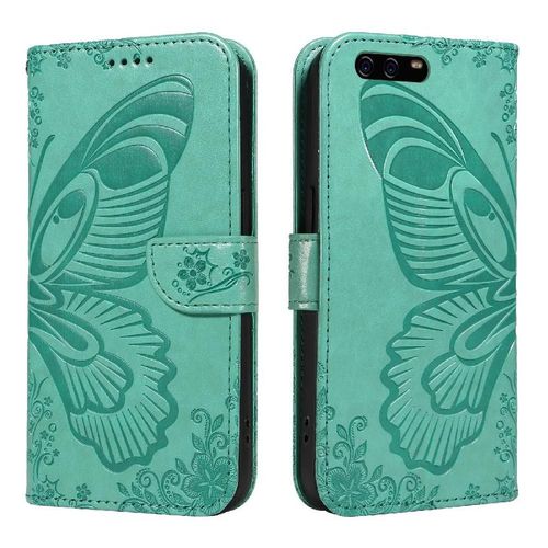 Flip Étui Pour Huawei P10 Papillon En Relief Avec Fente Pour Carte De Crédit Cuir De Haute Qualité Sangle De Main Détachable - Vert