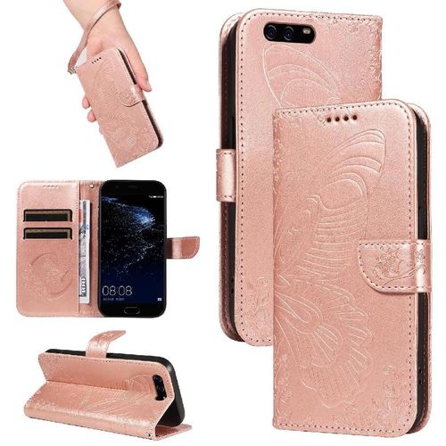 Flip Étui Pour Huawei P10 Papillon En Relief Avec Fente Pour Carte De Crédit Cuir De Haute Qualité Sangle De Main Détachable - Couleur Rose