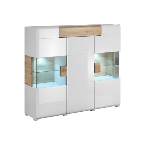 Buffet Haut 3 Portes 1 Tiroir Avec Led Stratifiés Blanc Et Bois