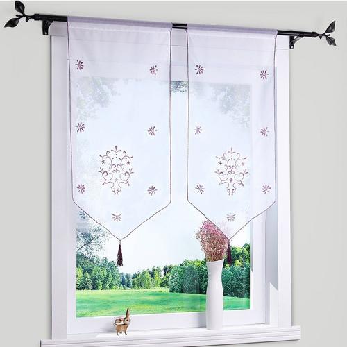 Violet W40cm X H60cm 1pcs Passe-Tringle Rideau Romain Brodé En Voile Transparent, Voile Prêt À L'emploi, Pour Fenêtre De Poche, Panneau De Cantonnière Pour Balcon, Cuisine