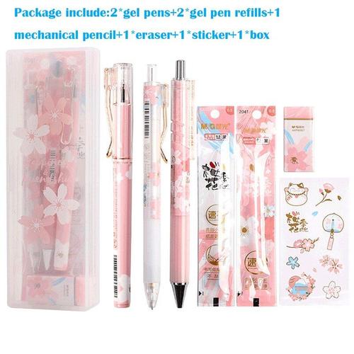 6/8pcs Kawaii Papeterie Kit Étudiant École Fournitures Dessin Animé Rose Sakura Gel Crayon Mécanique Avec Recharges Autocollants Cadeau Boîte