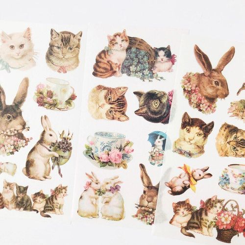 Autocollants Décoratifs Lapin Et Chat, Étiquette Kawaii, Pour Journal Intime, Décoration De Fête, Diy Bricolage, 3 Feuilles/Paquet