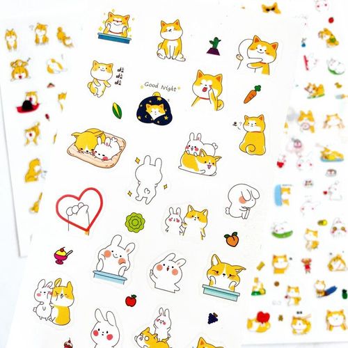 Autocollant Artisanal Mignon Chien Et Lapin, Étiquette Adhésive, Décoration Pour Ordinateur Portable, Papeterie Cadeau Pour Enfants, 6 Feuilles/Paquet