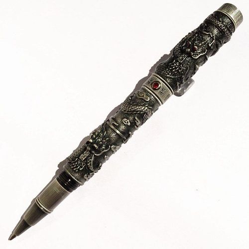 Stylo Roller Double Dragon Vintage Luxueux, Perle De Jeu, Ancienne Collection De Stylos Lourds En Métal Gris Pour Sculpture Et Gaufrage