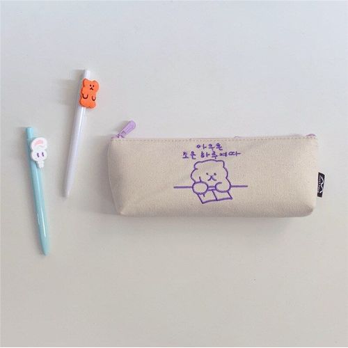 Étui À Crayons En Toile Avec Ours Brodé, Mignon, Pour Écolière, Sac À Crayons Simple À Fermeture Éclair, Sac De Rangement, Fournitures Scolaires Pour Enfants