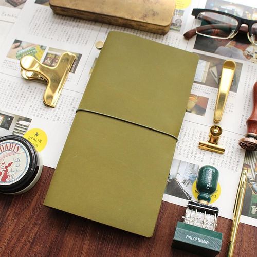Carnet De Voyage En Cuir De Vache, Vert Olive, Vintage Rétro, Avec Clip Pour Carnet De Voyage Midori