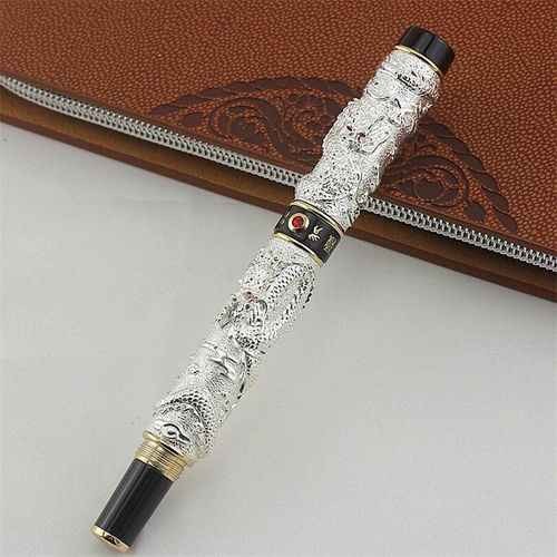 Stylo Roller Double Dragon Vintage Luxueux, Avec Perle De Jeu, Sculpture En Métal Argent Et Noir, Pour Bureau