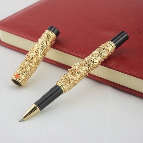 Stylo À Bille En Bronze Luxueux, Perle De Jeu Double Dragon, Vintage, Sculpture En Métal, Gaufrage, Collection Lourde