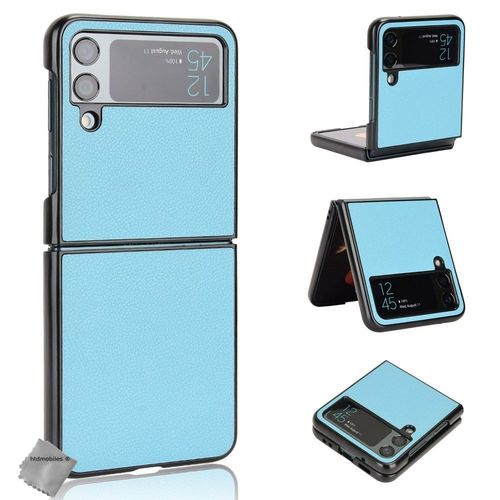 Housse Etui Coque Rigide Simili Cuir Avant Et Arrière Pour Samsung Galaxy Z Flip 4 5g - Bleu Clair