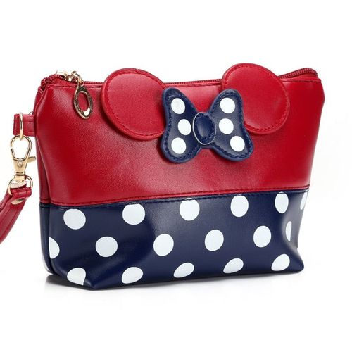 Cosmetic Bags Women Makeup Bag New Cartoon Large Bow Tie Clutch Packages PU Leather Bolsa Feminina, Rouge