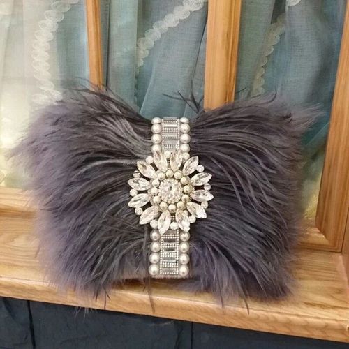 Luxury Real Ostrich Feathers Handbag Evening Bags Women's Pouch Purse Luxury Diamond Women Bags Evening Party Clutch Bag, Gris