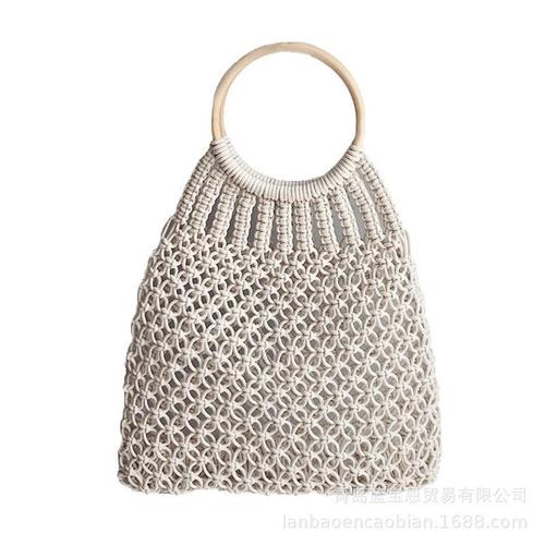 Fashion Straw Woven Bags Wooden Handle Handbag Hollow Beach Bag For Women Mesh Totes Storage Tote, Blanc