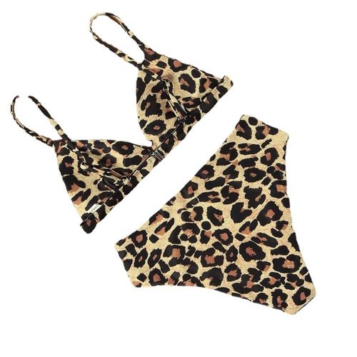 Women Solid Bikini Swimsuit Set With Pad, Léopard M