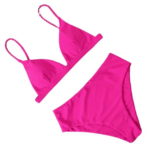 Women Solid Bikini Swimsuit Set With Pad, Rose S