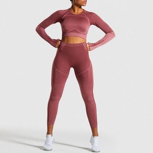 Women Seamless Gym High Waist Mesh Leggings Long Sleeve Shirts Fitness Thin Sport Suit Sets, Rouge L