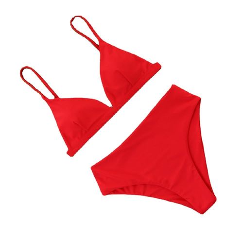 Women Solid Bikini Swimsuit Set With Pad, Rouge M