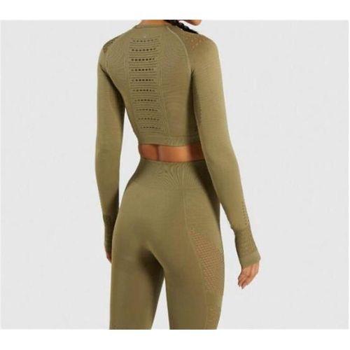 Women Seamless Gym High Waist Mesh Leggings Long Sleeve Shirts Fitness Thin Sport Suit Sets, Vert S