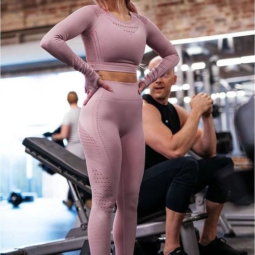 Women Seamless Gym High Waist Mesh Leggings Long Sleeve Shirts Fitness Thin Sport Suit Sets, Rose S