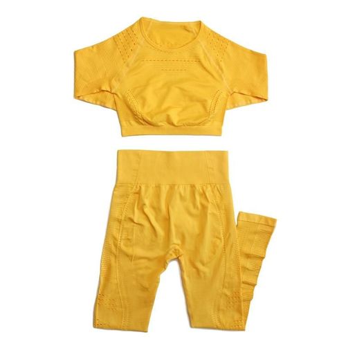 Women Seamless Gym High Waist Mesh Leggings Long Sleeve Shirts Fitness Thin Sport Suit Sets, Jaune L