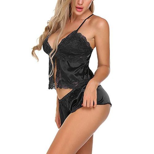 Lace Sling Top Shorts Sleeveless Soft Home Two-Piece Pajamas, Noir Xl
