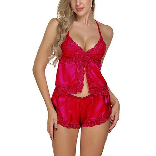 Lace Sling Top Shorts Sleeveless Soft Home Two-Piece Pajamas, Rouge M