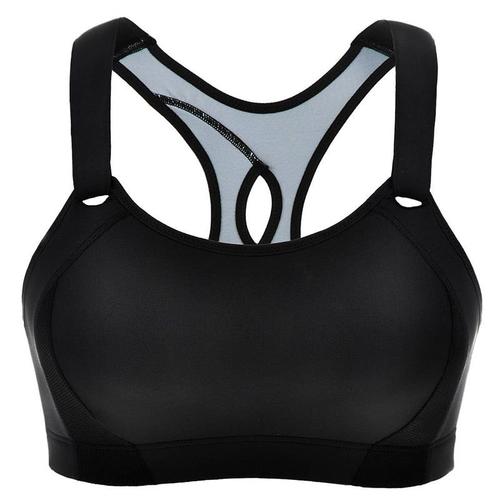 Women's Seamless High Impact Quick Drying Full Coverage Padded Wirefree Racerback Workout Sports Bra Black / Grey, Noir E