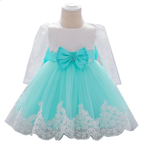Long Sleeve Infant Baby Girl Dress Lace Flower Baptism Dresses For Girls, Vert 9m
