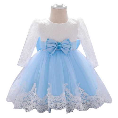 Long Sleeve Infant Baby Girl Dress Lace Flower Baptism Dresses For Girls, Sky Blue 24m