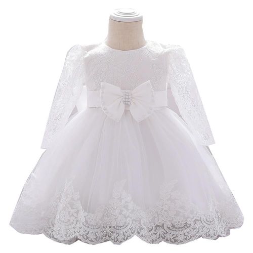Long Sleeve Infant Baby Girl Dress Lace Flower Baptism Dresses For Girls, Blanc 24m