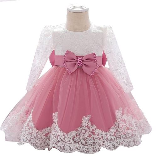 Long Sleeve Infant Baby Girl Dress Lace Flower Baptism Dresses For Girls, Rose Foncé 18m