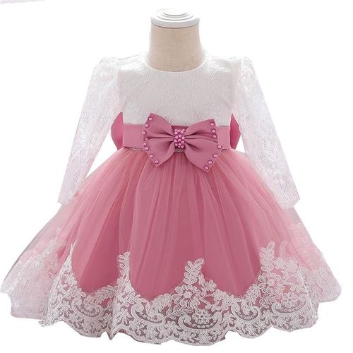 Long Sleeve Infant Baby Girl Dress Lace Flower Baptism Dresses For Girls, Rose Foncé 12m