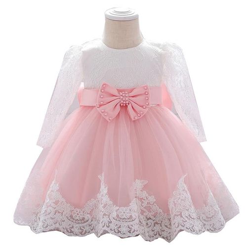 Long Sleeve Infant Baby Girl Dress Lace Flower Baptism Dresses For Girls, Rose 12m