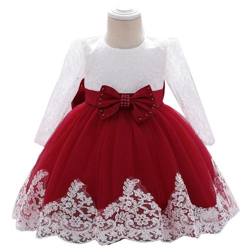 Long Sleeve Infant Baby Girl Dress Lace Flower Baptism Dresses For Girls, Wine Rouge 12m
