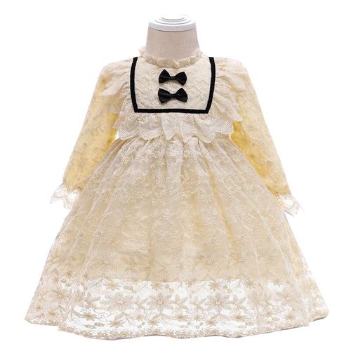 Long Sleeve Infant Baby Girl Dress Lace Flower Baptism Dresses For Girls, Champagne 3m