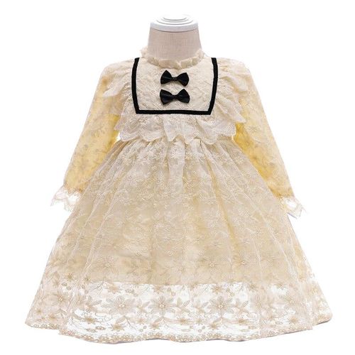 Long Sleeve Infant Baby Girl Dress Lace Flower Baptism Dresses For Girls, Champagne 9m