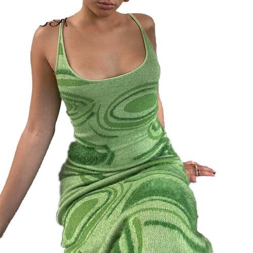 Print Knit Bodycon Dress Women Green Y2k Summer Hollow Out Sexy Sleeveless Spaghetti Strap Beach Midi Dresses Party, Vert L