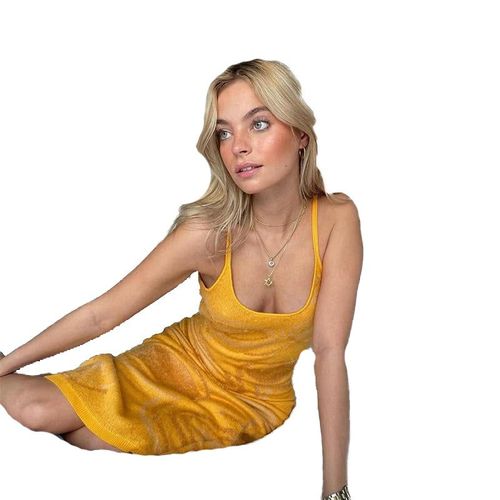Print Knit Bodycon Dress Women Green Y2k Summer Hollow Out Sexy Sleeveless Spaghetti Strap Beach Midi Dresses Party, Orange L