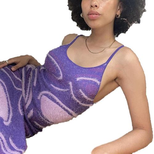 Print Knit Bodycon Dress Women Green Y2k Summer Hollow Out Sexy Sleeveless Spaghetti Strap Beach Midi Dresses Party, Pourpre M