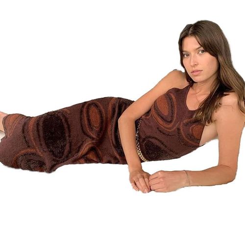 Print Knit Bodycon Dress Women Green Y2k Summer Hollow Out Sexy Sleeveless Spaghetti Strap Beach Midi Dresses Party, Marron Xs