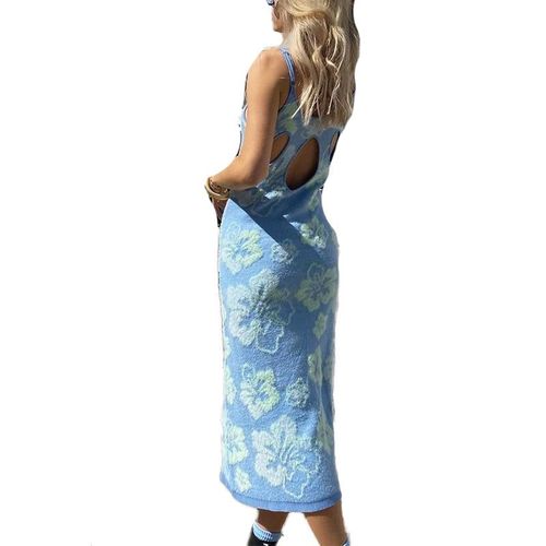 Print Knit Bodycon Dress Women Green Y2k Summer Hollow Out Sexy Sleeveless Spaghetti Strap Beach Midi Dresses Party, Bleu 1 Xs