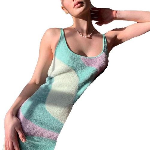 Print Knit Bodycon Dress Women Green Y2k Summer Hollow Out Sexy Sleeveless Spaghetti Strap Beach Midi Dresses Party, Vert2 M
