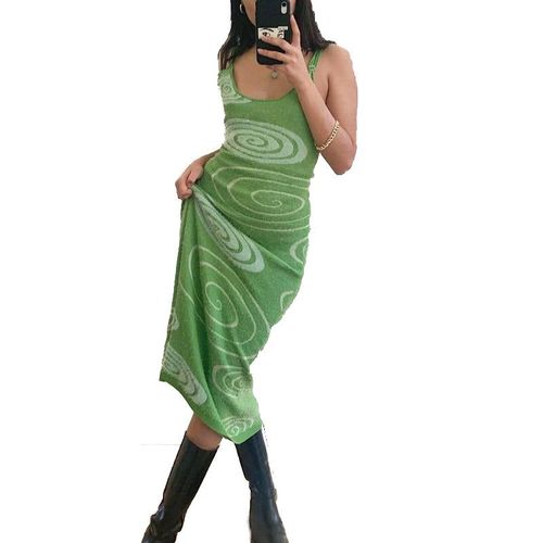 Print Knit Bodycon Dress Women Green Y2k Summer Hollow Out Sexy Sleeveless Spaghetti Strap Beach Midi Dresses Party, Vert 3 M