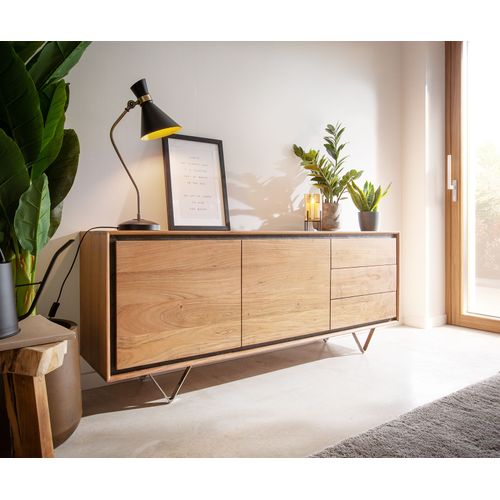 Commode Stonegrace Acacia Nature 175 Cm 2 Portes 3 Tiroirs Placage En Pierre Buffet ? Pieds En V