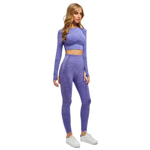 Femmes Seamless Yoga Set Fitness Costumes De Sport Gym Tissu Chemises À Manches Longues Taille Haute Running Leggings Pantalon D'entraînement, Violet M