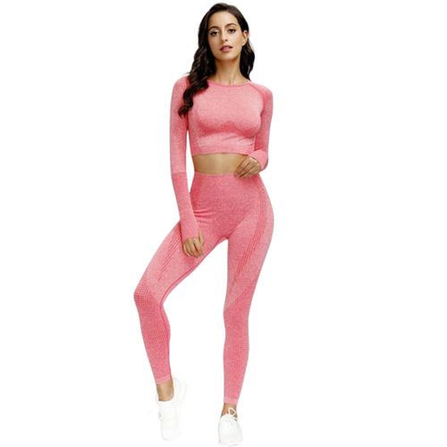 Femmes Seamless Yoga Set Fitness Costumes De Sport Gym Tissu Chemises À Manches Longues Taille Haute Running Leggings Pantalon D'entraînement, Rose S