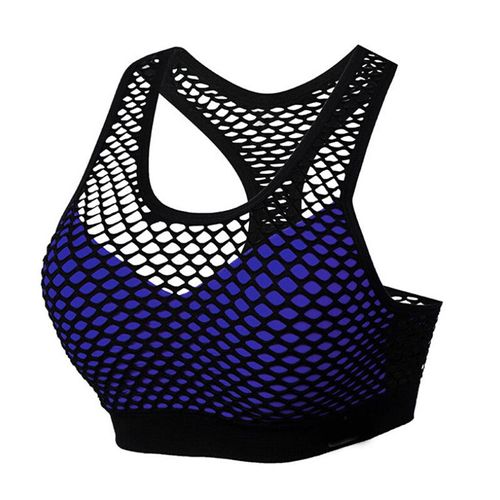Soutien-Gorge En Maille Évider Sport Top Sans Couture Fitness Yoga Femmes Gym Rembourré Gilet De Course Antichoc Push Up Crop, Bleu