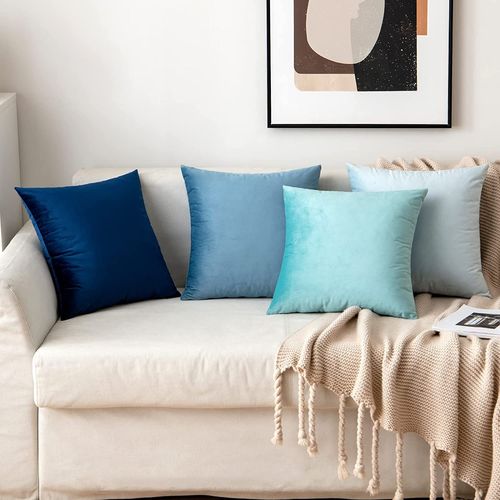 4pcs Housse Coussin En Velours 45x45 Bleu Série Decoration Canapé Salon Doux Housse De Coussin Double Face À Motif Uni Déco